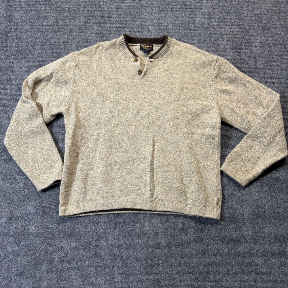 Woolrich Mens XL Wool Sweater Henley Pullover Gray Brown 85% Wool Outdoor